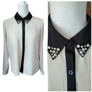 MONTEAU white chiffon shirt beaded collar‎ long sleeve button up top M